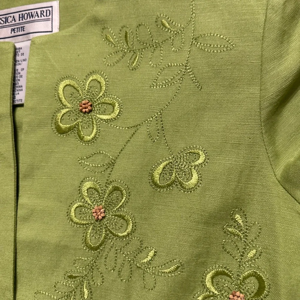 Jessica Howard Floral Embroidered Jacket Dress Set Linen Blend‎ Green 4P